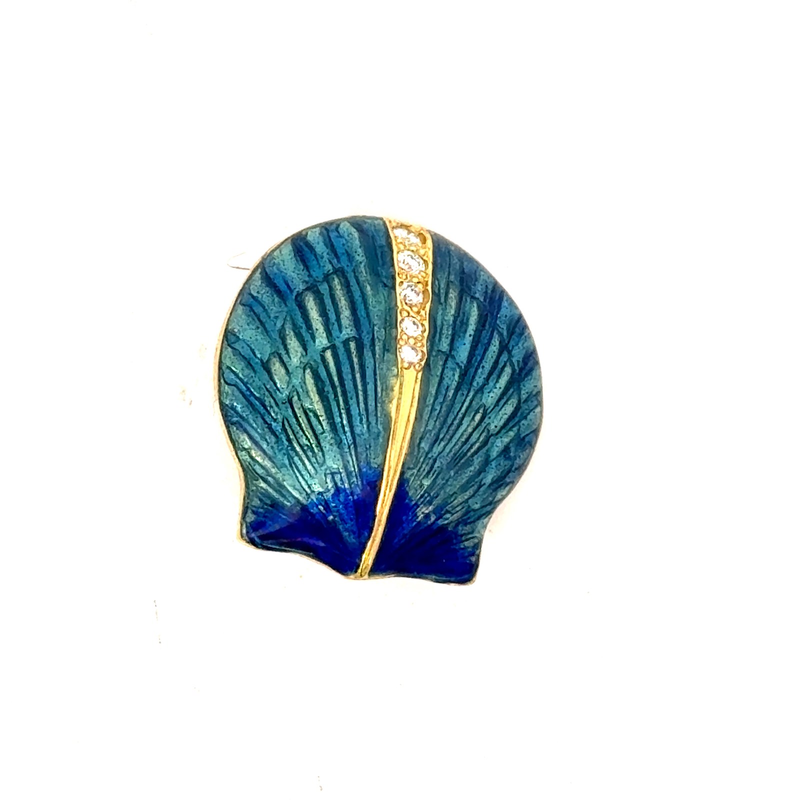 p .jpg 18Kt Yellow Gold Small Teal Blue Glass Enamel Scallop Shell Pendant with 0.09pts Diamonds