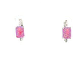 Sterling Silver rhodium plated created pink opal and cubic zirconia rectangle hoop earring