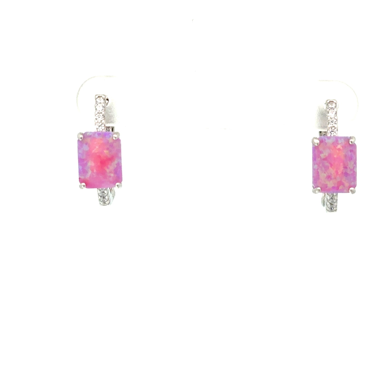 Sterling Silver rhodium plated created pink opal and cubic zirconia rectangle hoop earring
