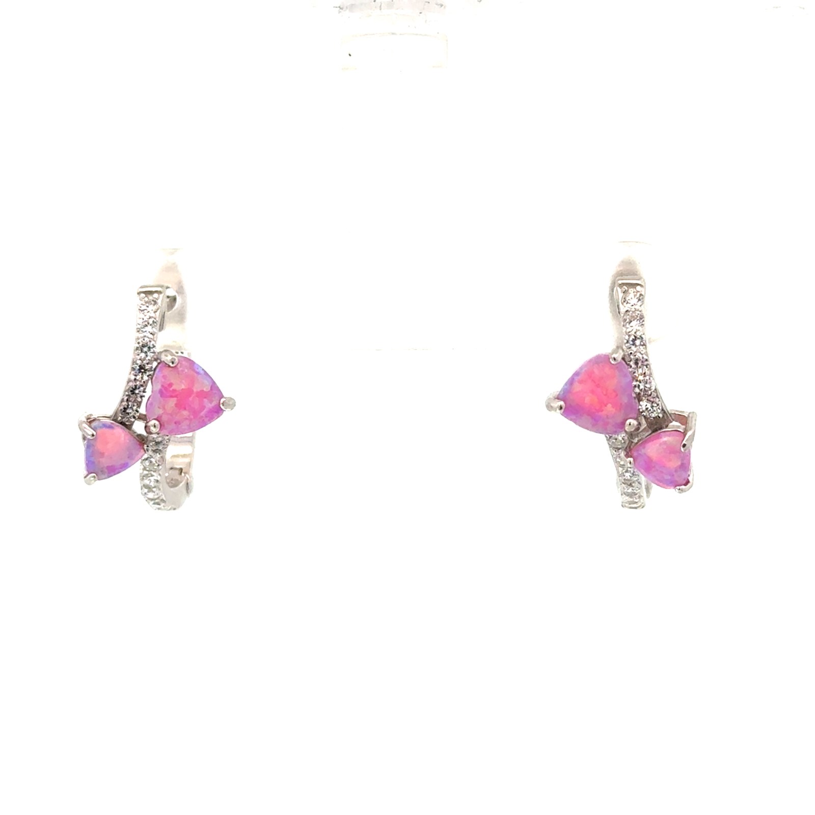 Sterling Silver rhodium plated created pink opal double heart huggie hoop earring