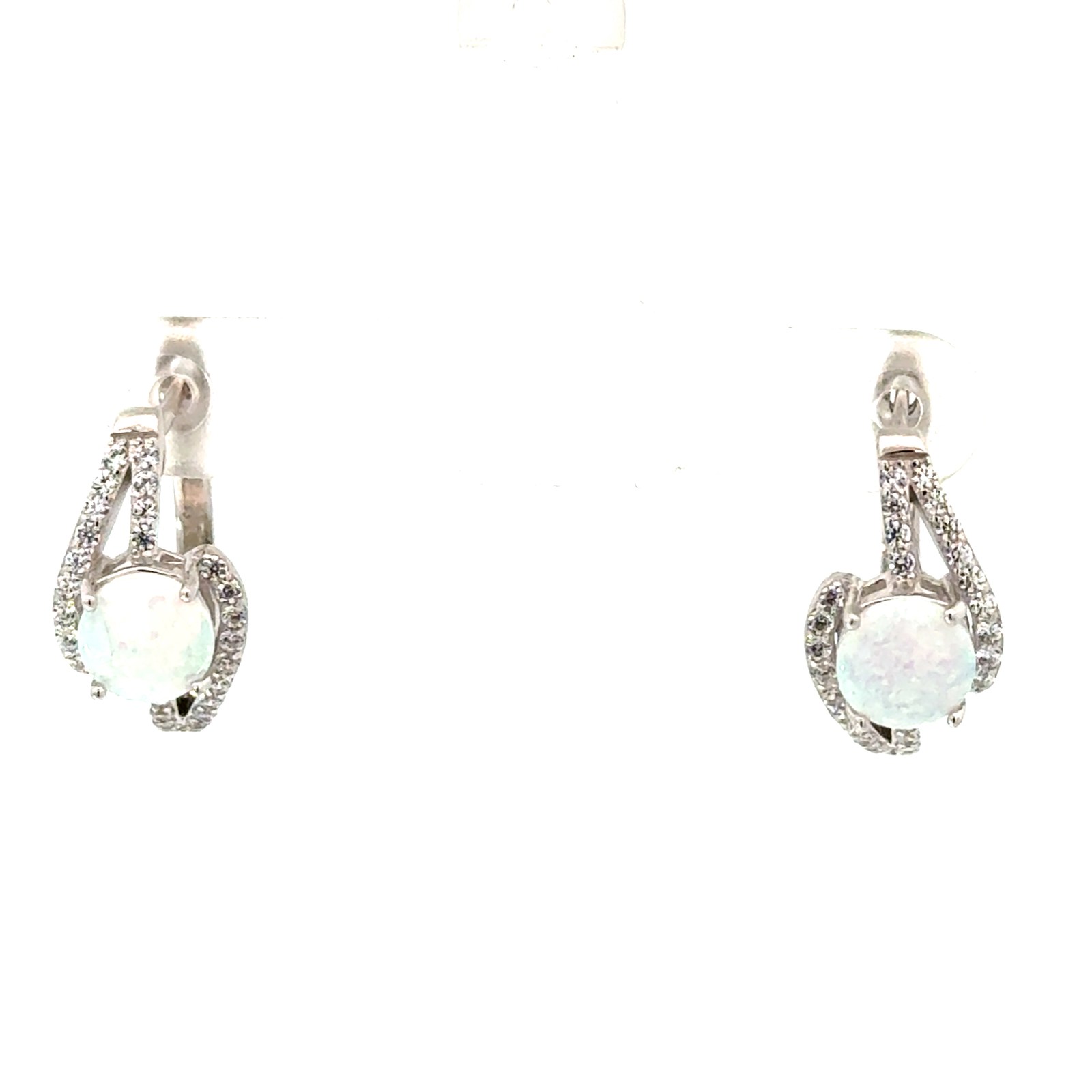 Sterling Silver rhodium plated created white opal and cubic zirconia huggie earring