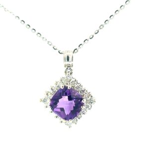 18k wg cushion amethyst rd checkboard 2.00 ct. dia 0.40 SI1, G/H 14kt diamond cut cable chain 18"