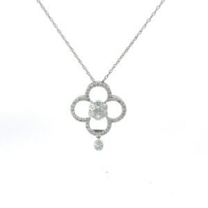 14kt white gold diamond cluster moveable pendant on machine made rope tw 11pts SI, H