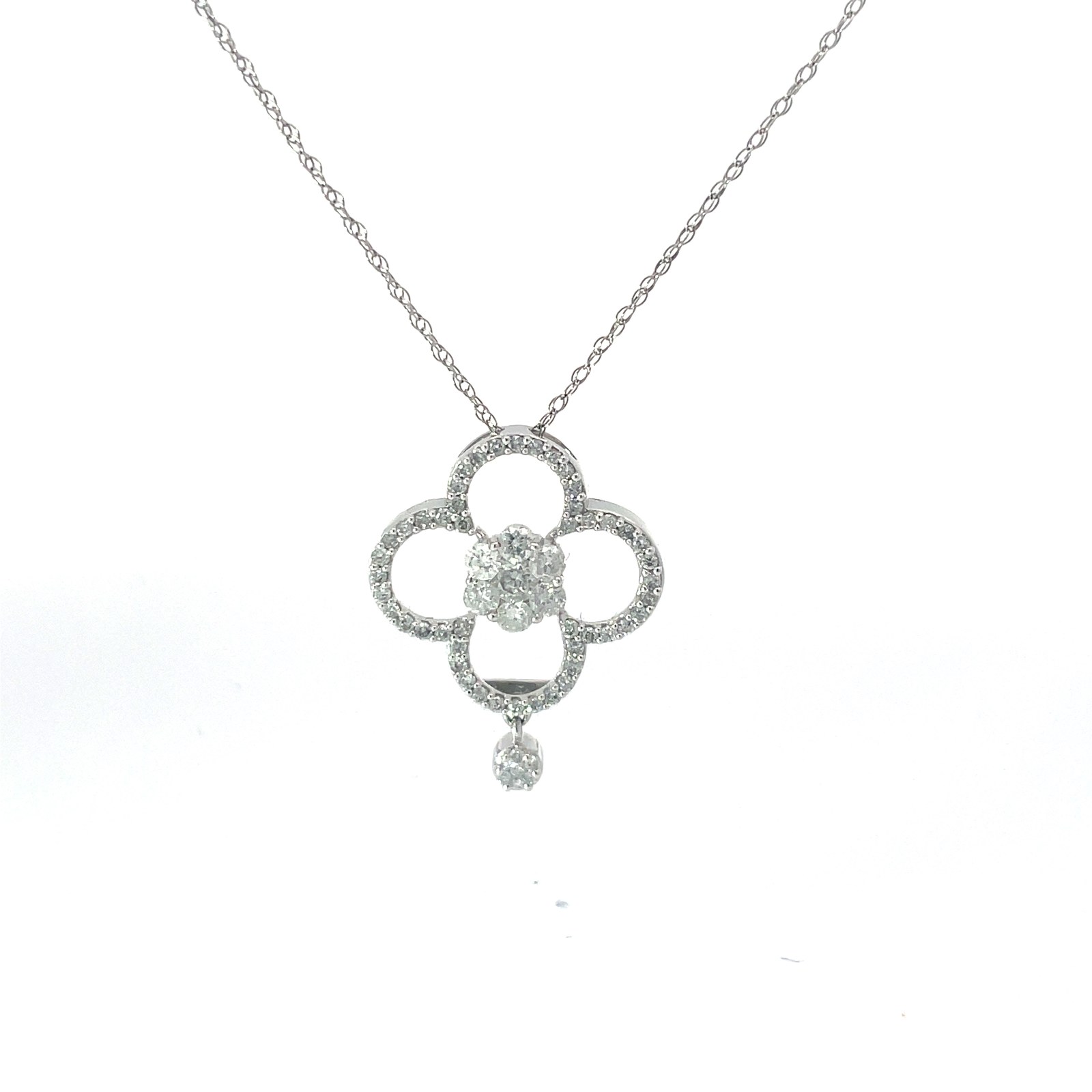 14kt white gold diamond cluster moveable pendant on machine made rope tw 11pts SI, H
