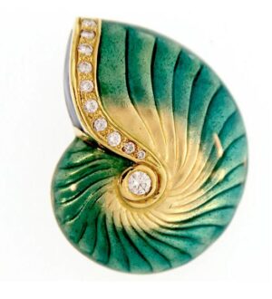 18kt yellow gold large teal glass enamel nautilus shell pendant with 0.42cts diamonds, enhancer bail