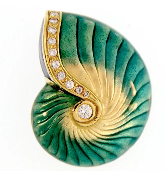 .jpg 18kt yellow gold large teal glass enamel nautilus shell pendant with 0.42cts diamonds, enhancer bail