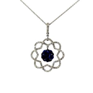18kt w/g movable diamond and sapphire fashion circle pendant on thin cable chain 16" sr/jr
