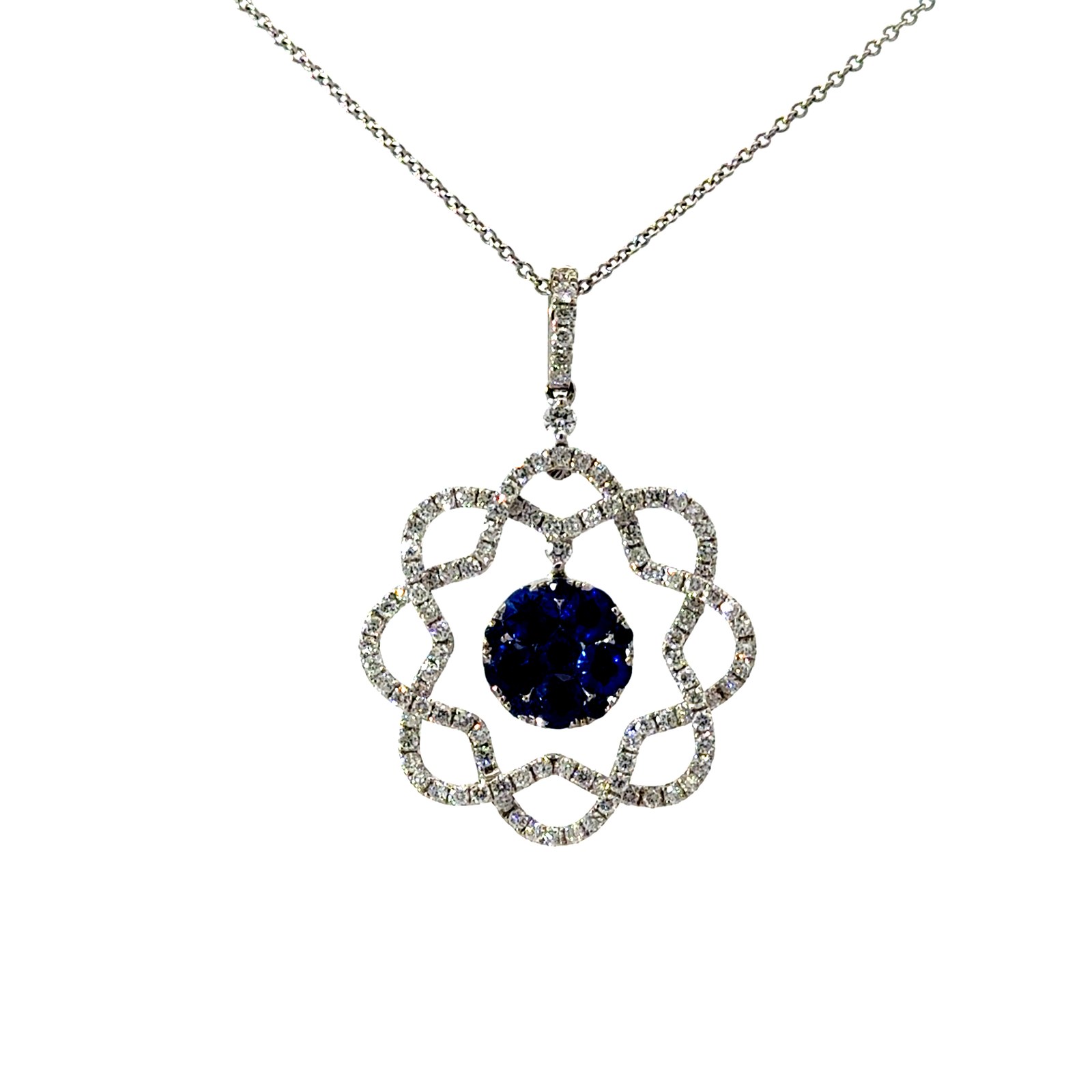 18kt w/g movable diamond and sapphire fashion circle pendant on thin cable chain 16" sr/jr