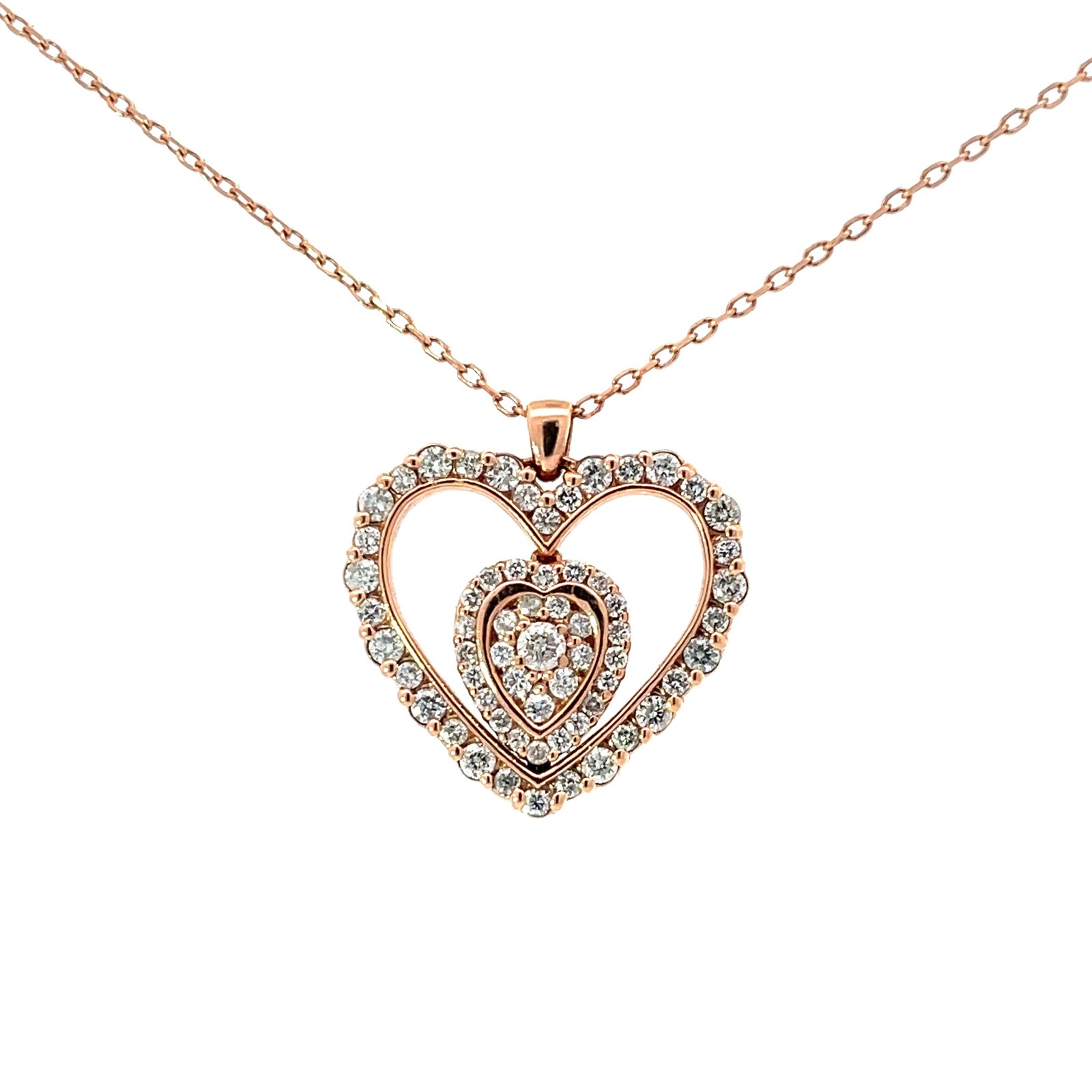 14kt rose gold diamond heart shape moveable pendant tw 1/2ct SI, G 18 adj chain