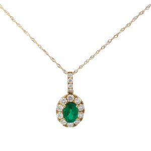 18kt yellow gold diamond and emerald halo pendant on diamond cut chain E tw 0.90cts D tw 0.63cts