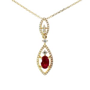 14 kt y/g ruby and diamond fashion halo pend on 0.8mm cable claw 18" d tw1/6ct r tw 0.49ct vs, g/h