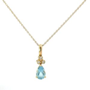 14kt yellow gold genuine aquamarine and diamond pendant on machine made rope 18" A tw 0.77cts D tw 0.03