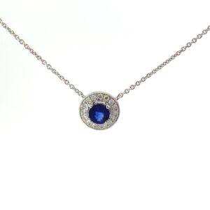 14kt white gold diamond and genuine ceylon sapphire halo pend S tw 0.62cts D tw 1/8cts VS, G