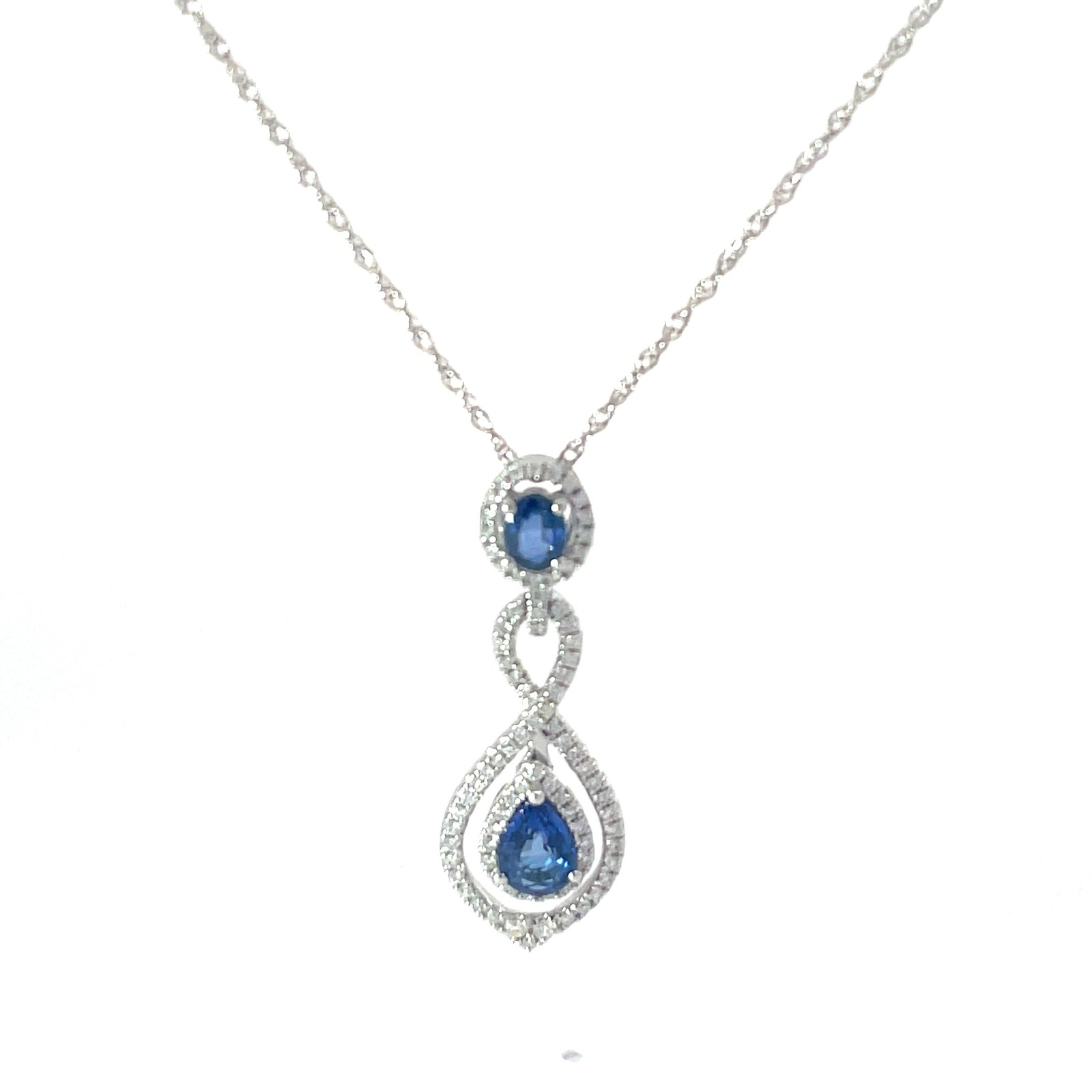 14kt white gold diamond and sapphire fancy pendant on machine made rope S tw 3/4ct D tw 1/5cts SI, G/H