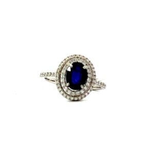 14kt white gold double halo sapphire and diamond ring D tw 0.35cts SI, H, S tw 1.39cts