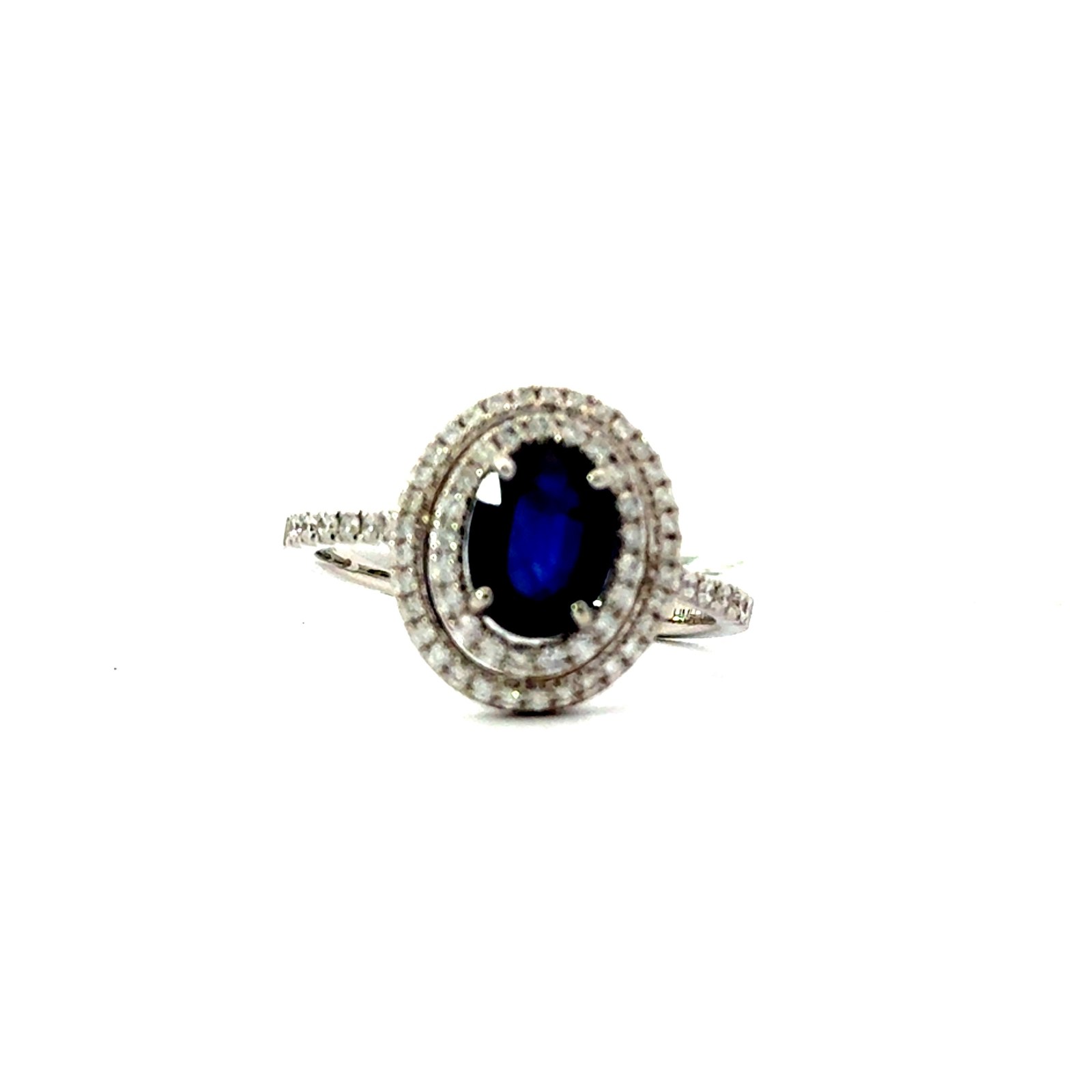 .jpg 14kt white gold double halo sapphire and diamond ring D tw 0.35cts SI, H, S tw 1.39cts