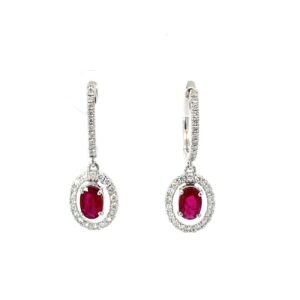 14kt white gold diamond ruby and halo dangle earrings with huggie back D tw 3/8cts VS2/SI1, H R 0.88cts