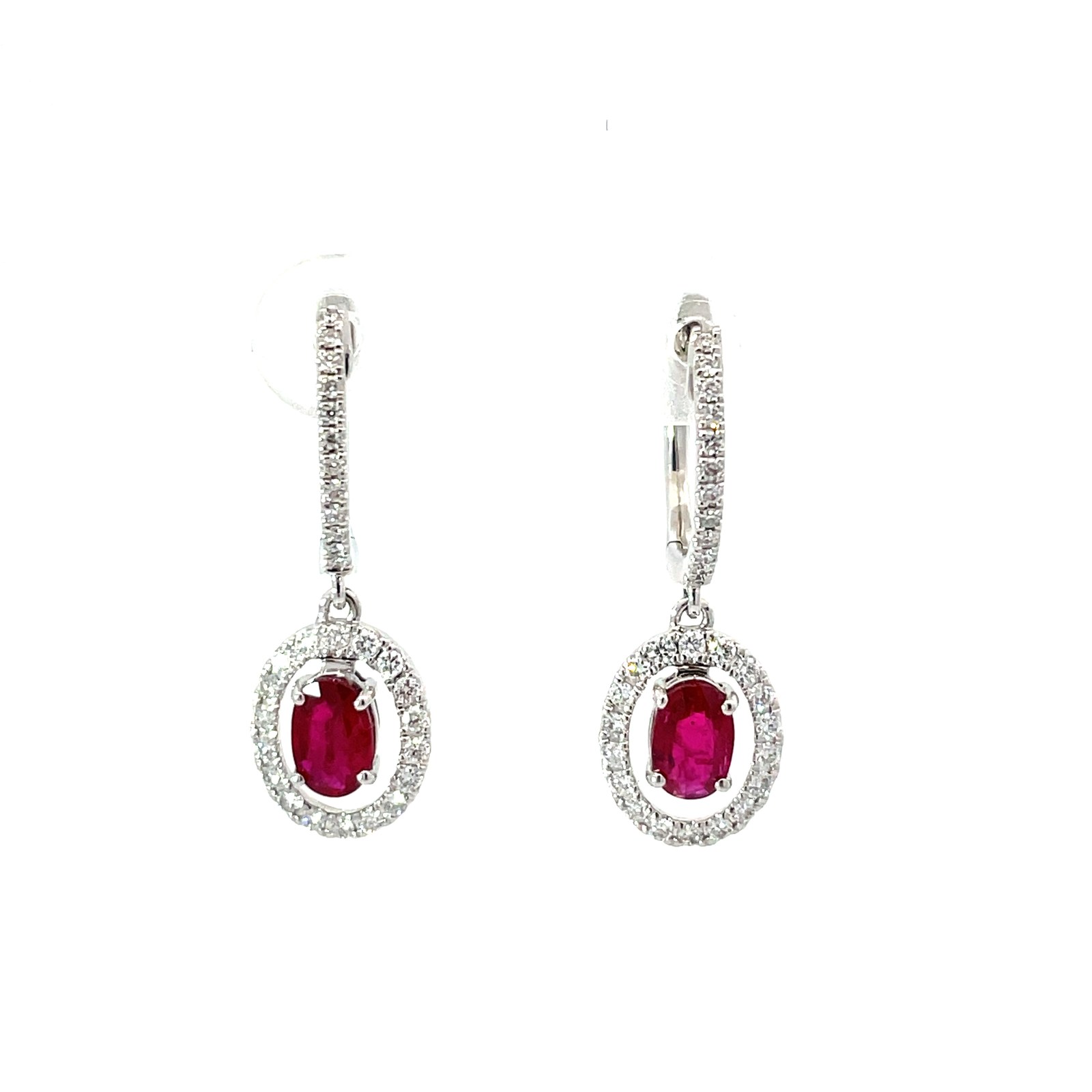 .jpg 14kt white gold diamond ruby and halo dangle earrings with huggie back D tw 3/8cts VS2/SI1, H R 0.88cts