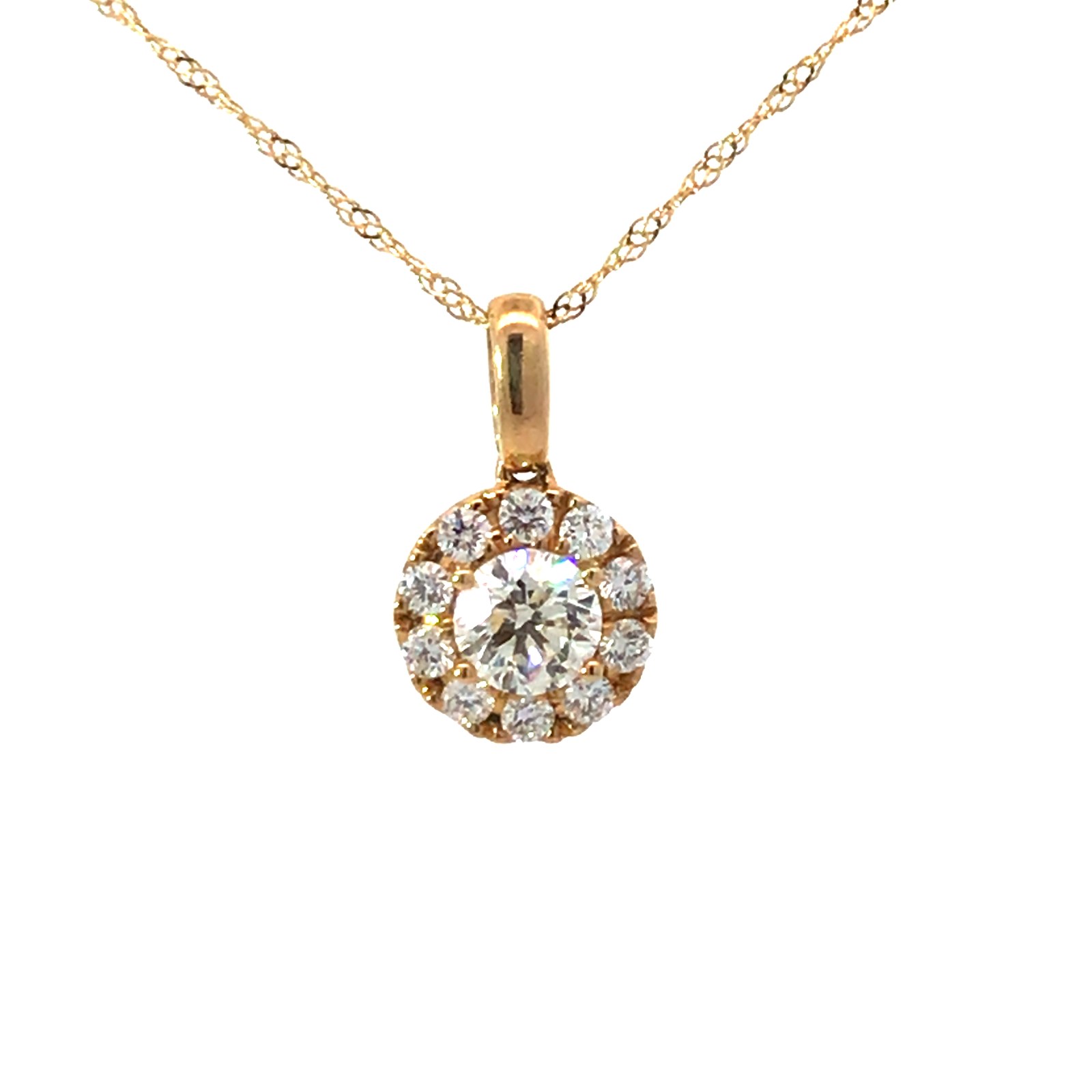 .jpg 14kt yellow gold diamond halo pendant C tw 0.51cts tw 0.76cts SI, H/I 18"
