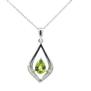 10kt white gold diamond and genuine peridot pear shape pendant on machine made rope 18" D tw 0.08cts SI clarity, near colorless H/I color
