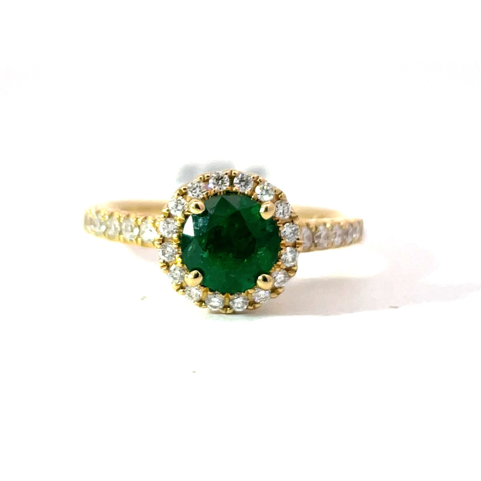 .jpg 14kt yellow gold diamond and round emerald halo ring D tw 0.31cts VS2, G/H E tw 0.89cts
