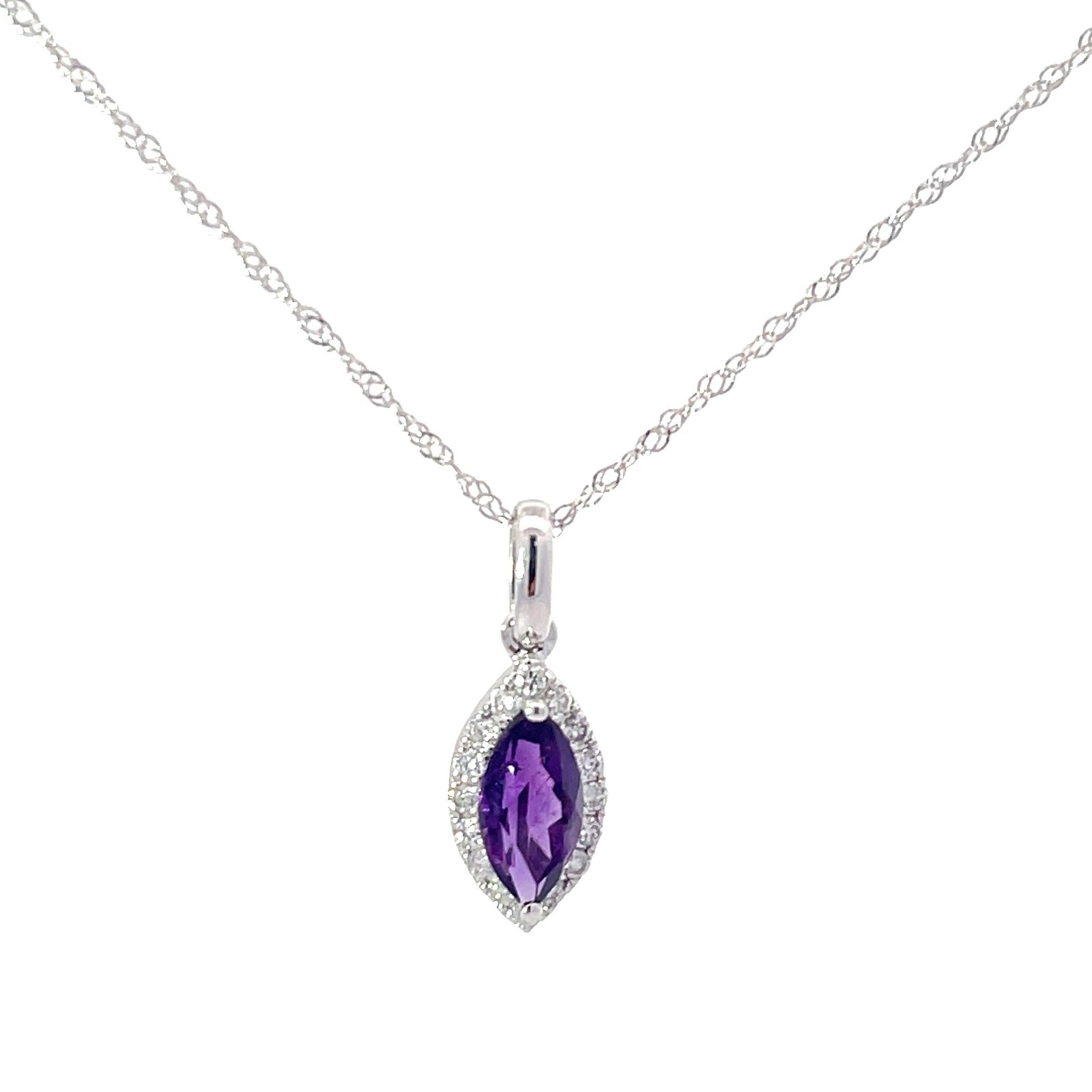 .jpg 14kt white gold diamond and amethyst halo marquis pendant D tw 1/8ct A tw 0.63cts 18"