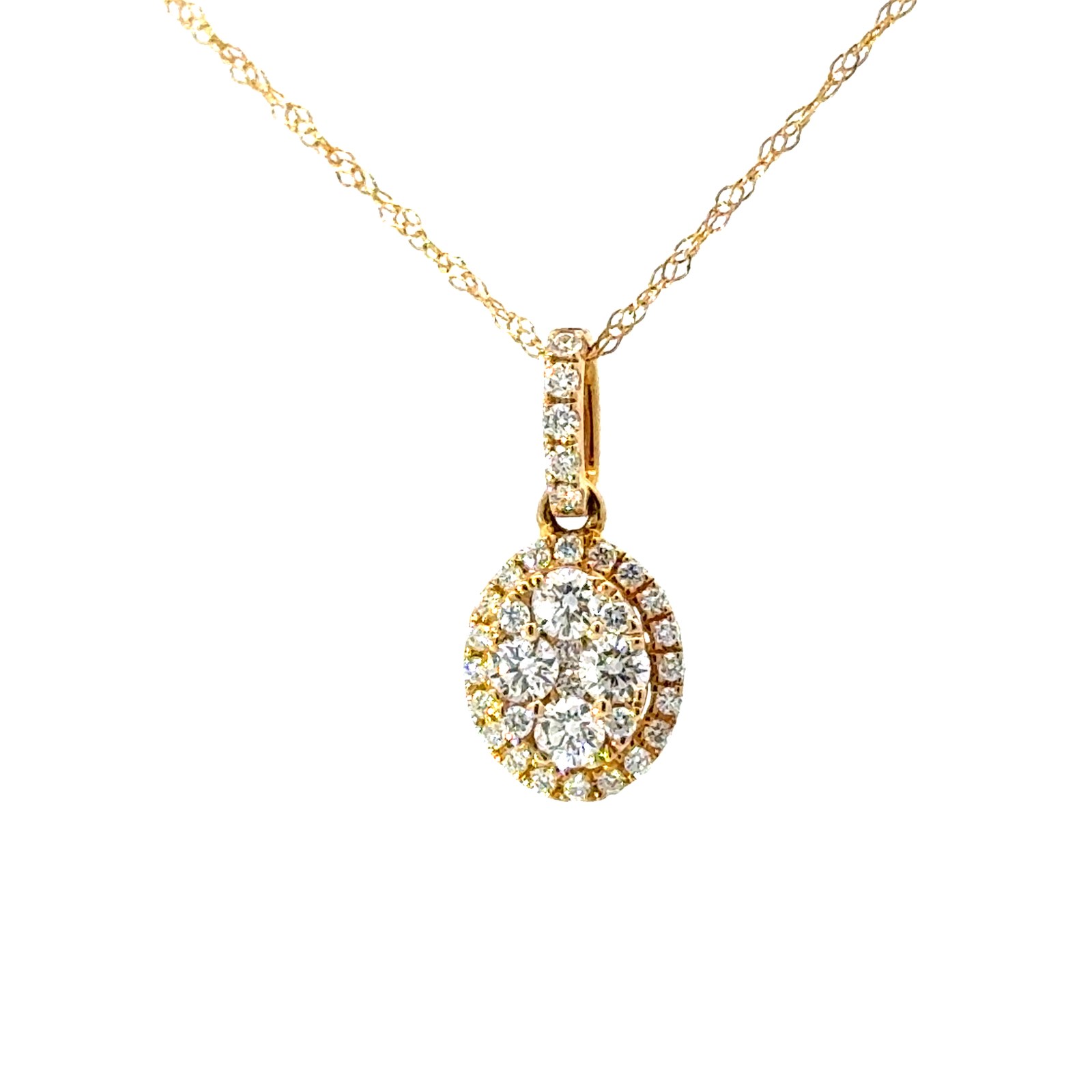 .jpg 14kt yellow gold oval cluster halo pendant D tw 3/8cts VS2, G 18"
