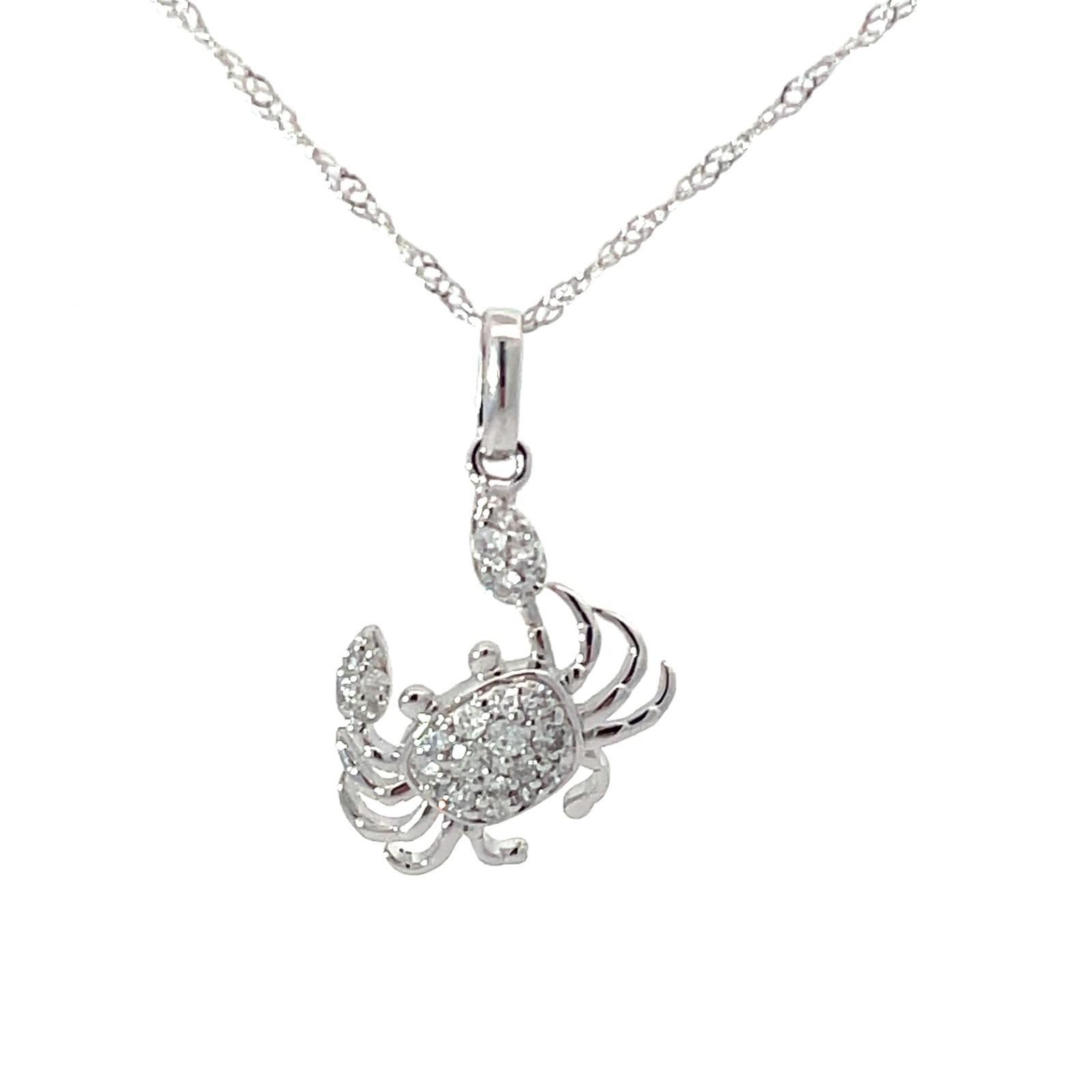 .jpg 14kt white gold diamond pave crab pendant on 18" D tw 1/6cts SI, G/H