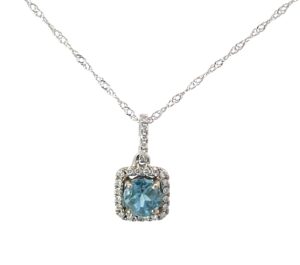 14kt white gold diamond and genuine aquamarine halo D tw 0.07cts SI, A tw 0.45cts 18"