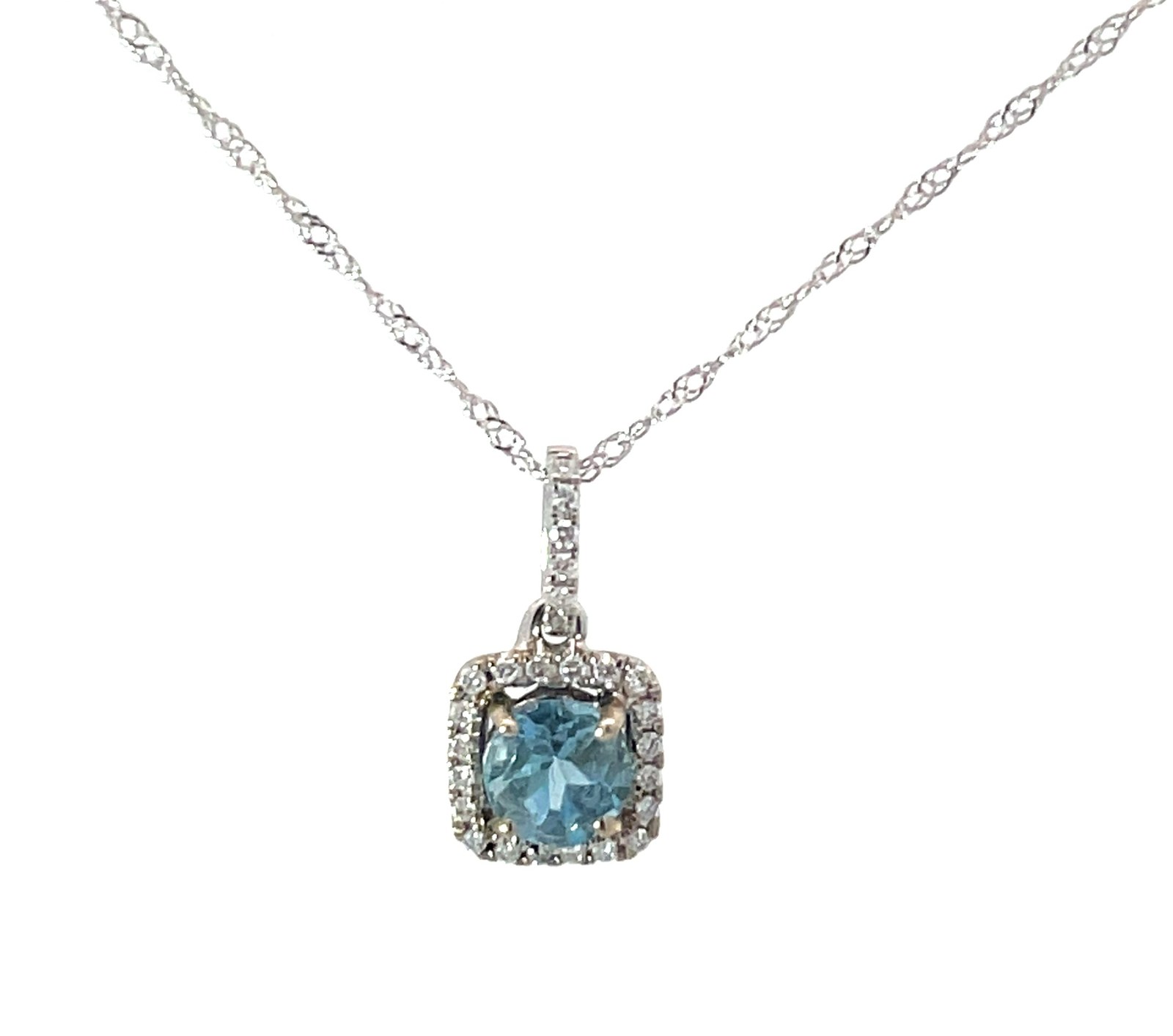 .jpg 14kt white gold diamond and genuine aquamarine halo D tw 0.07cts SI, A tw 0.45cts 18"