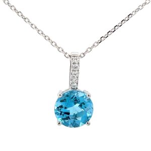 14kt white gold diamond and blue topaz pendant D tw 0.10cts SI G/H 18"