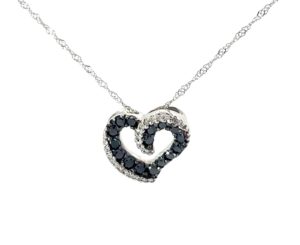 14kt white gold black and white diamond heart pendant D tw 3/8cts on 18" twisted chain