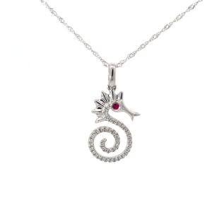 14kt white gold diamond and ruby seahorse pendant on twisted chain D tw 0.08cts SI, G