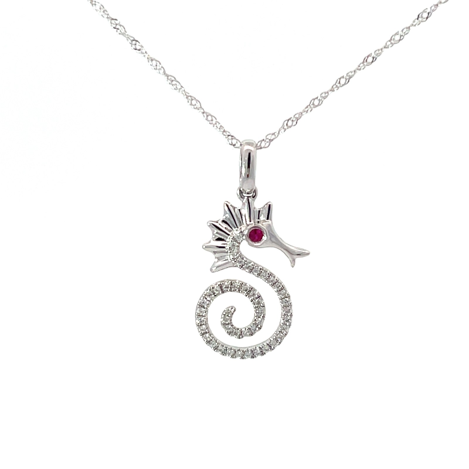 .jpg 14kt white gold diamond and ruby seahorse pendant on twisted chain D tw 0.08cts SI, G