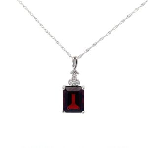14kt white gold diamond and genuine garnet step cut pendant G tw 4.16cts D tw 0.02cts 18" twisted chain