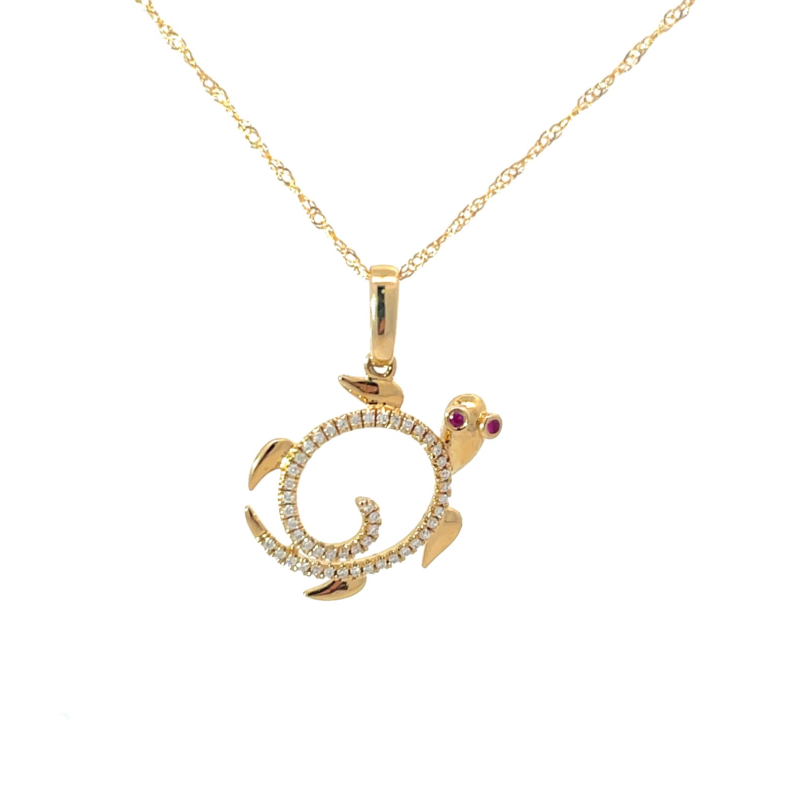 .jpg 14kt yellow gold diamond and ruby eye turtle pendant on twisted chain D tw 1 1/10cts SI, G