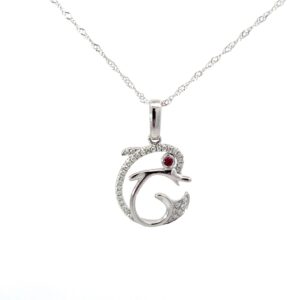 14kt white gold diamond dolphin and ruby pendant on twisted chain D tw 0.07cts, SI, G