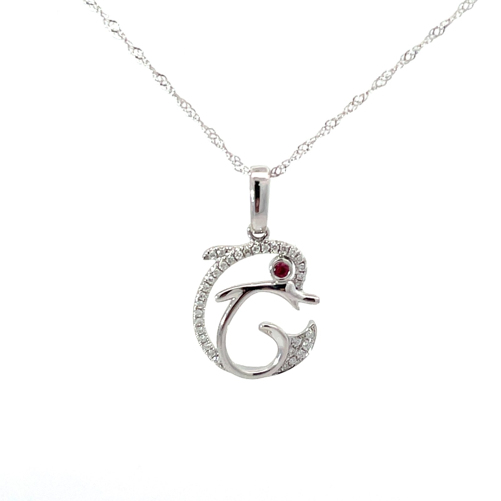 .jpg 14kt white gold diamond dolphin and ruby pendant on twisted chain D tw 0.07cts, SI, G