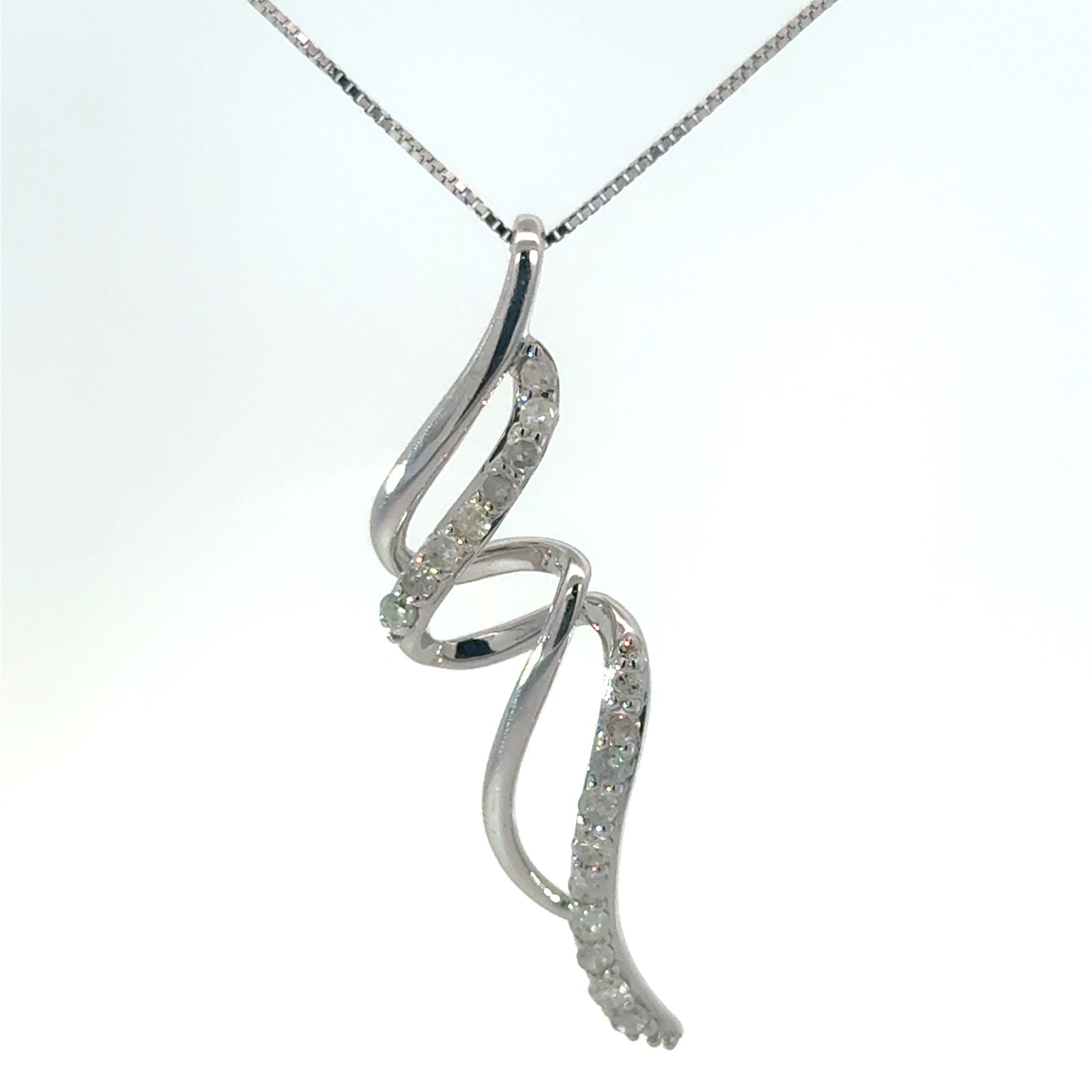 .jpg 10kt white gold diamond fashion twisted necklace D tw 0.10cts I clarity, near colorless I/J color on 18" box chain with spring ring clasp