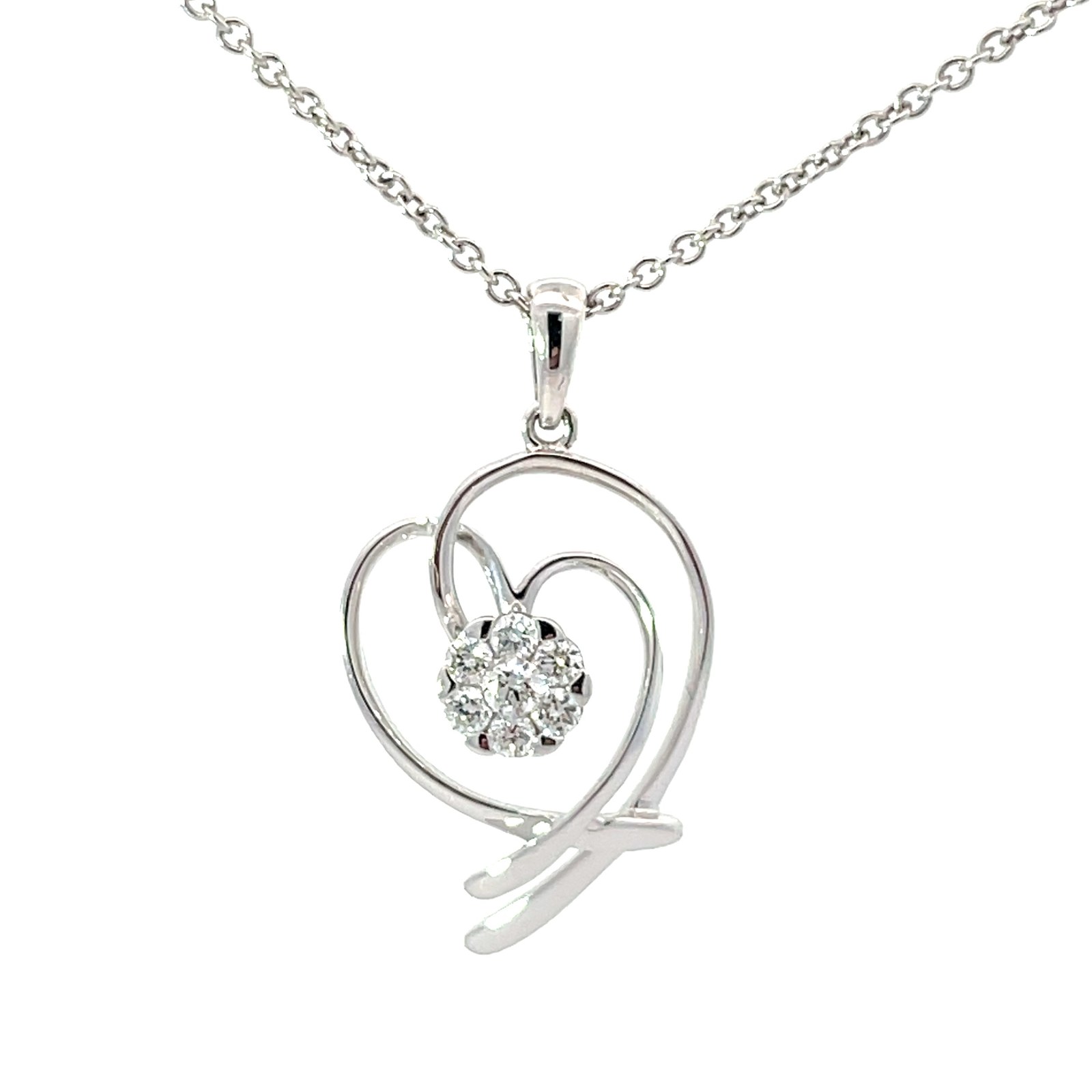.jpg 14kt white gold cluster open cut out diamond heart pendnat D tw 1/5cts SI, G/H