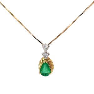 14kt yellow gold diamond and emerald pendant on box chain D tw 0.04cts E tw 3/8cts