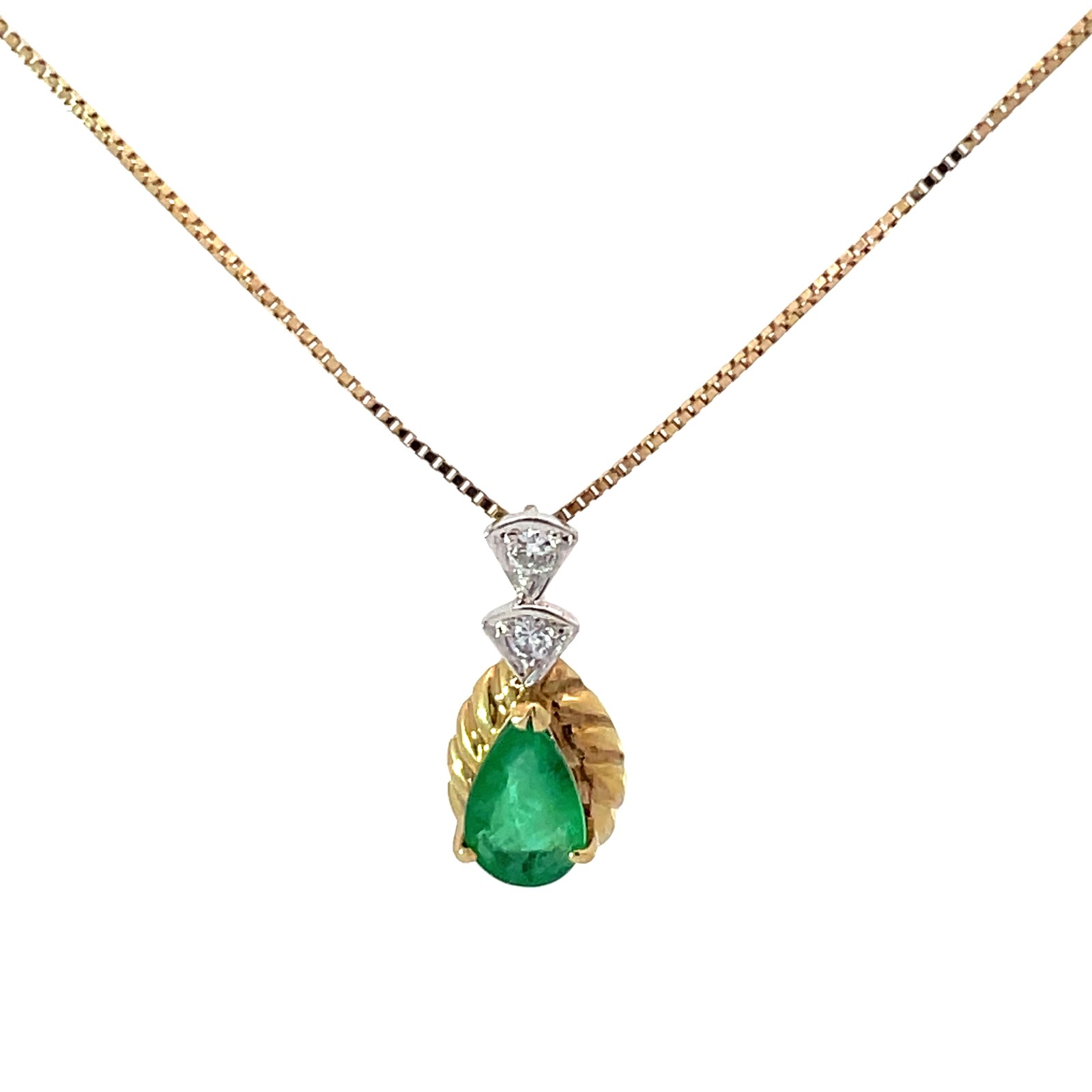 .jpg 14kt yellow gold diamond and emerald pendant on box chain D tw 0.04cts E tw 3/8cts
