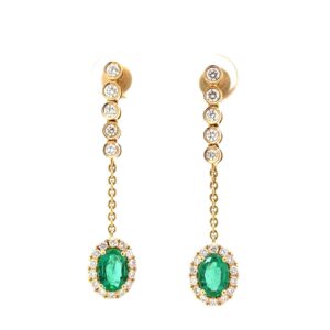 18kt yellow gold diamond and emerald dangle fashion earring D tw 0.77cts E tw 1.34cts VS2 clarity, colorless F color