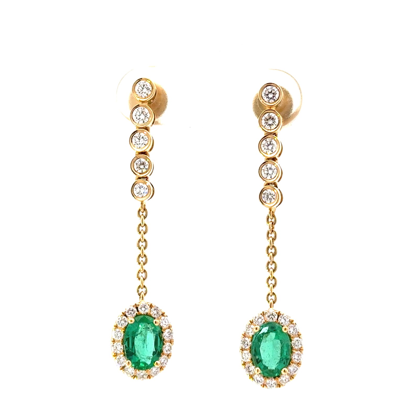 .jpg 18kt yellow gold diamond and emerald dangle fashion earring D tw 0.77cts E tw 1.34cts VS2 clarity, colorless F color