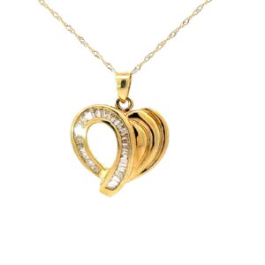 14kt yellow gold shiny and channel set diamond baguette heart pendant D tw 1/2ct SI, I