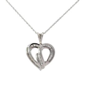 10kt white gold diamond baguette and roud heart pendant D tw 1/4ct SI2 clarity, near colorless I color on 18" machine made rope