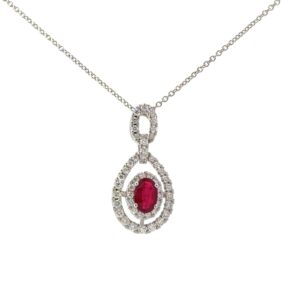 14kt white gold diamond and genuine ruby double halo pendant D tw 3/ct VS2 clarity, near colorless G color R tw 0.55cts on 18" link chain