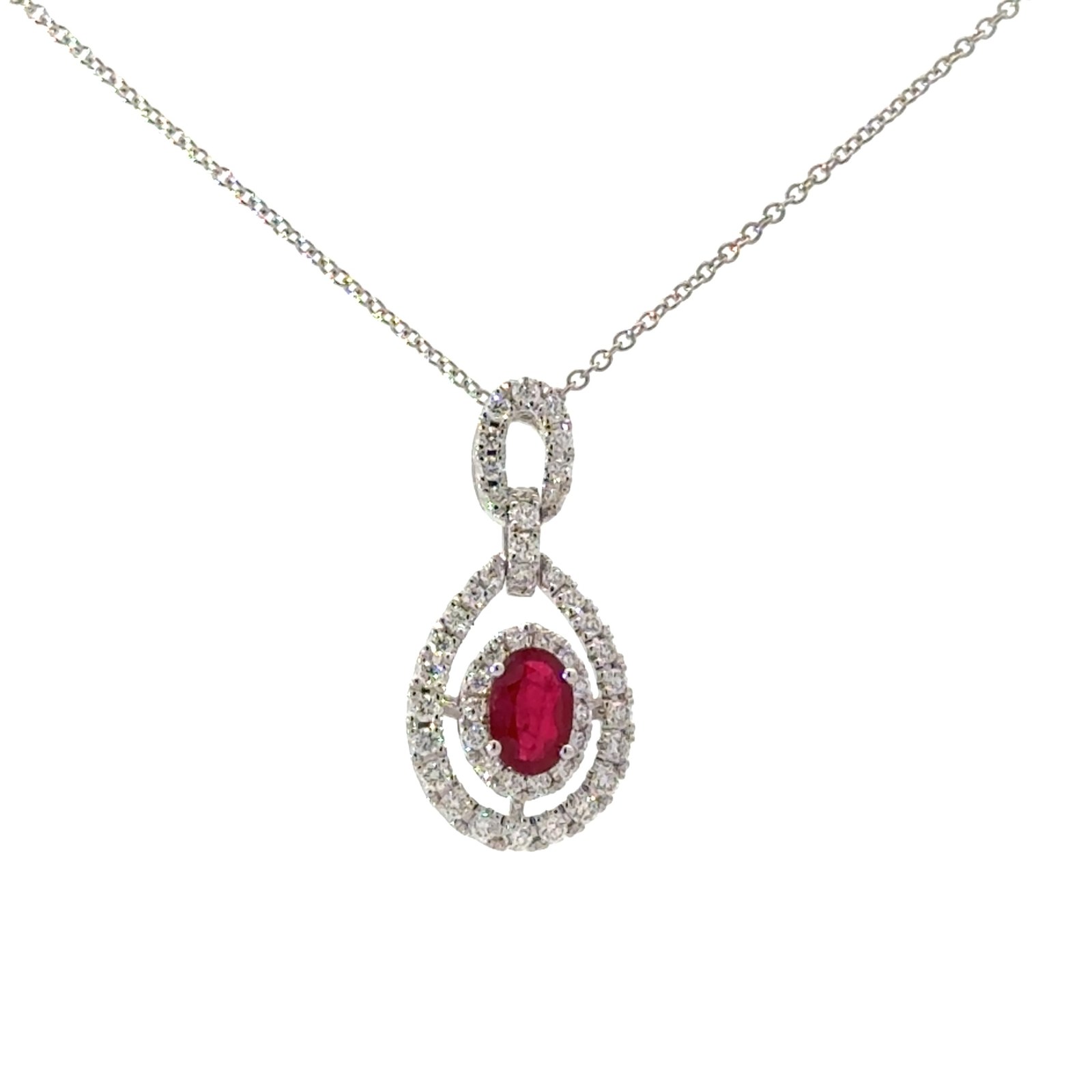 .jpg 14kt white gold diamond and genuine ruby double halo pendant D tw 3/ct VS2 clarity, near colorless G color R tw 0.55cts on 18" link chain