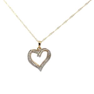 14kt yellow gold diamond baguette open heart pendant D tw 1/4ct SI clarity, near colorless I color on diamond cut chain 18"