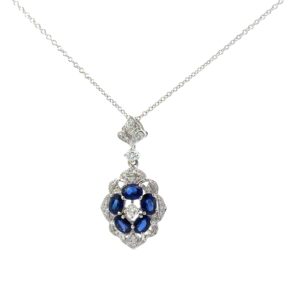 14kt white gold diamond and genunine sapphire oval fashion pendant D tw 1/5ct SI1 clarity, near colorless G color S tw 1.03cts